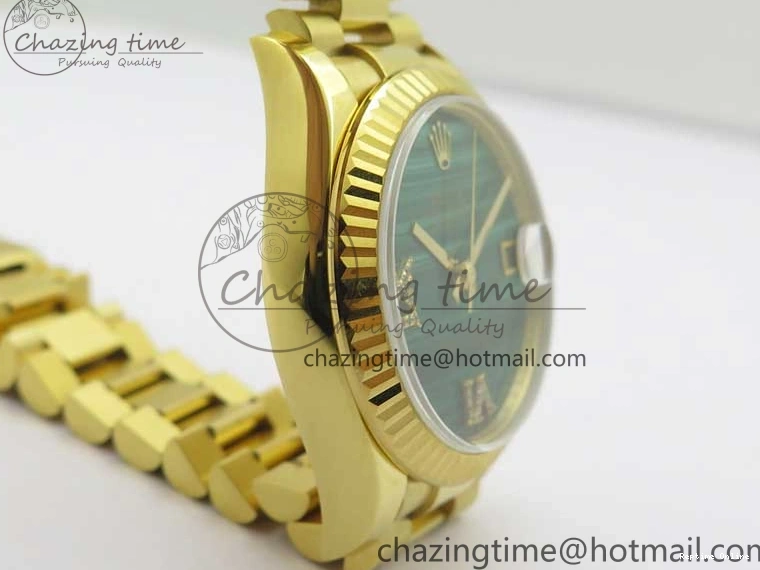 0516 Daydate 278288 31mm YG EWF Best Edition Green Malachite Dial on YG President Bracelet ETA SunProtective 2605
